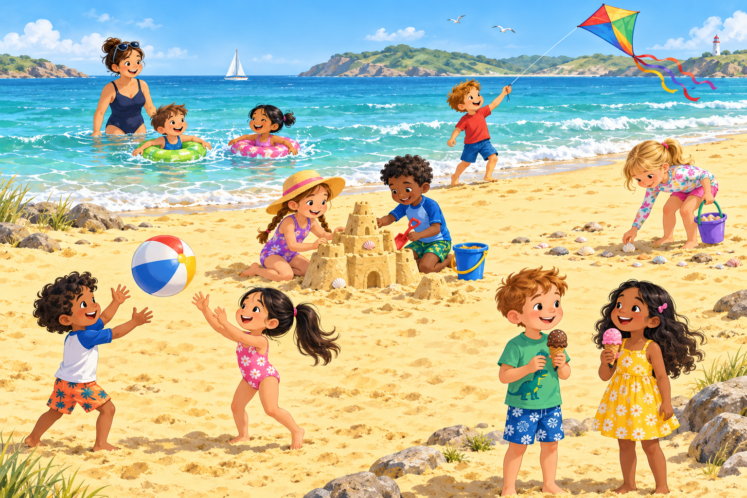 Children swimming, building a sandcastle, flying a kite, collecting shells, playing ball and eating ice cream at the beach